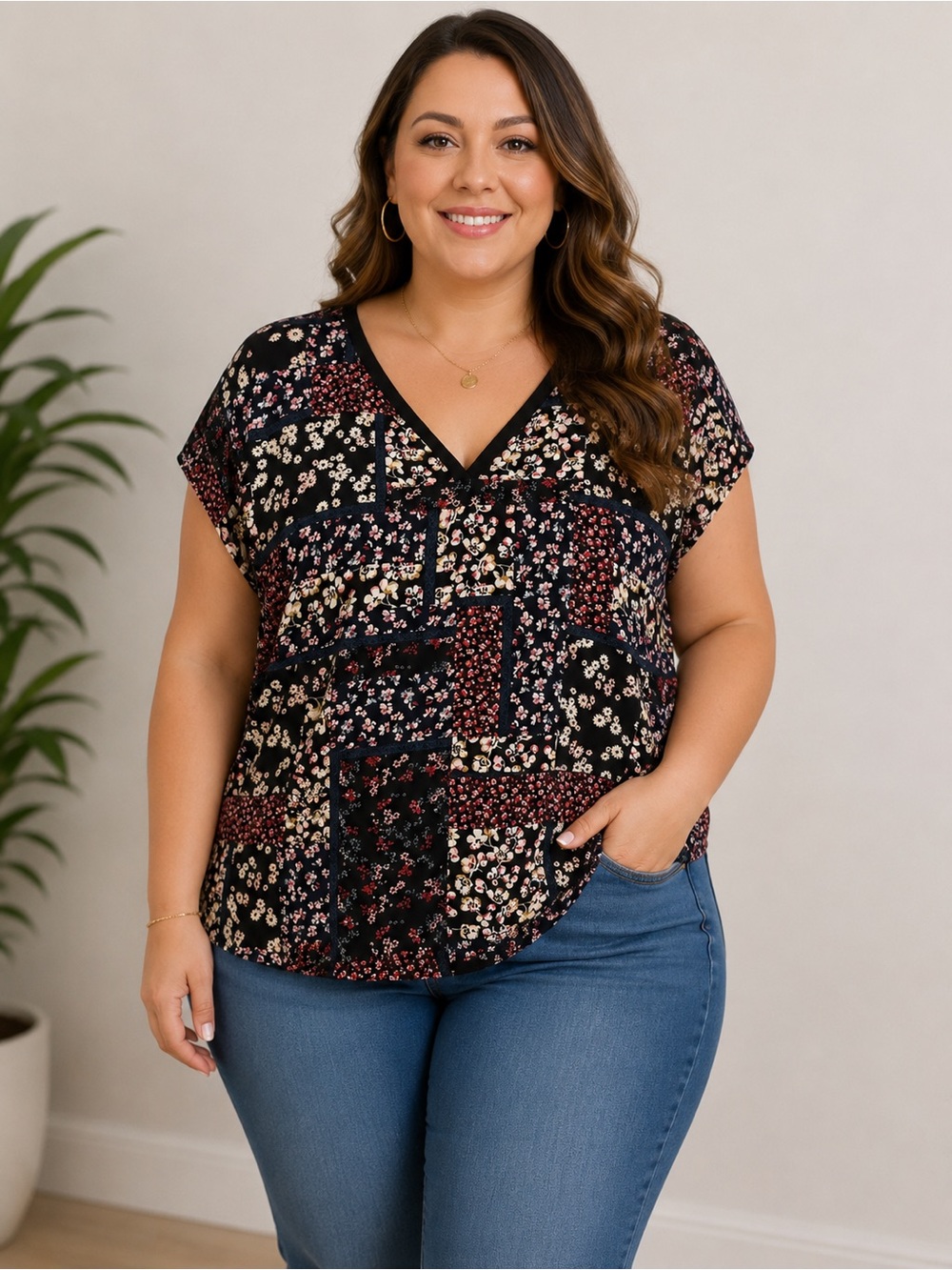 Reitmans Black Floral Patchwork V-Neck Top with Burgundy Accents